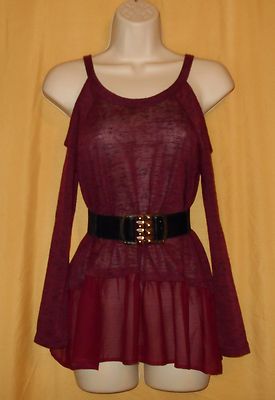 About A Girl women's zinfandel wine cold shoulder striped ruffle ls top M 