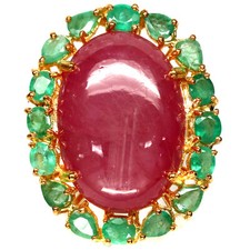 Heated 17 X 25 mm. Red Ruby Green Emerald Women Ring 925 Silver 18K Gold
