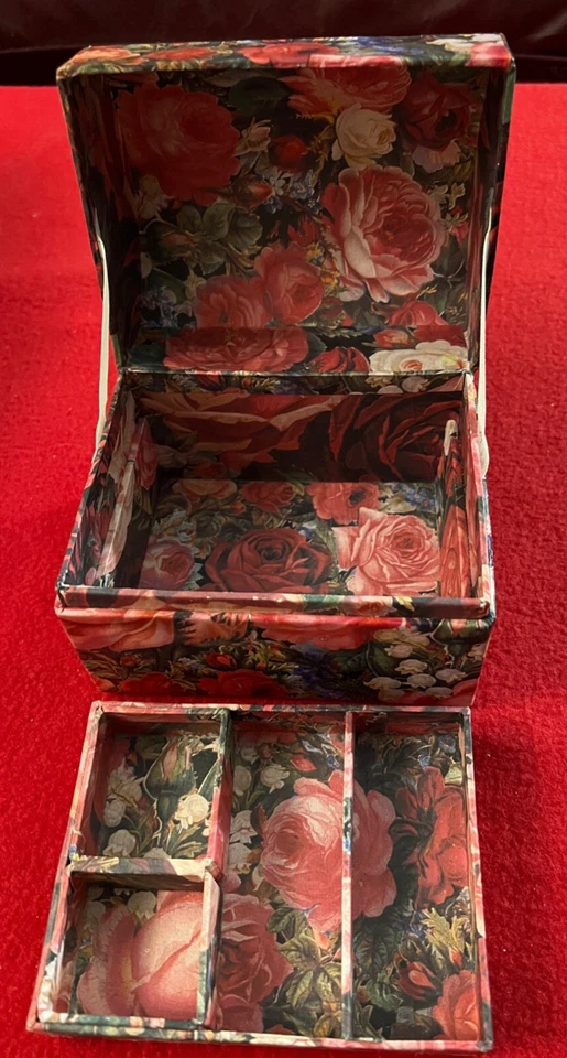 Vtg Treasure Chest Paperboard Storage Pink Red Roses Jewelry Trinket Box - Image 3 of 4
