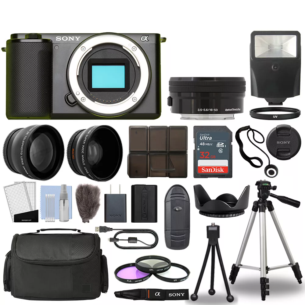 Sony ZV-E10 Camera Body Black + 3 Lens Kit 16-50mm OSS + 32GB + Flash & More