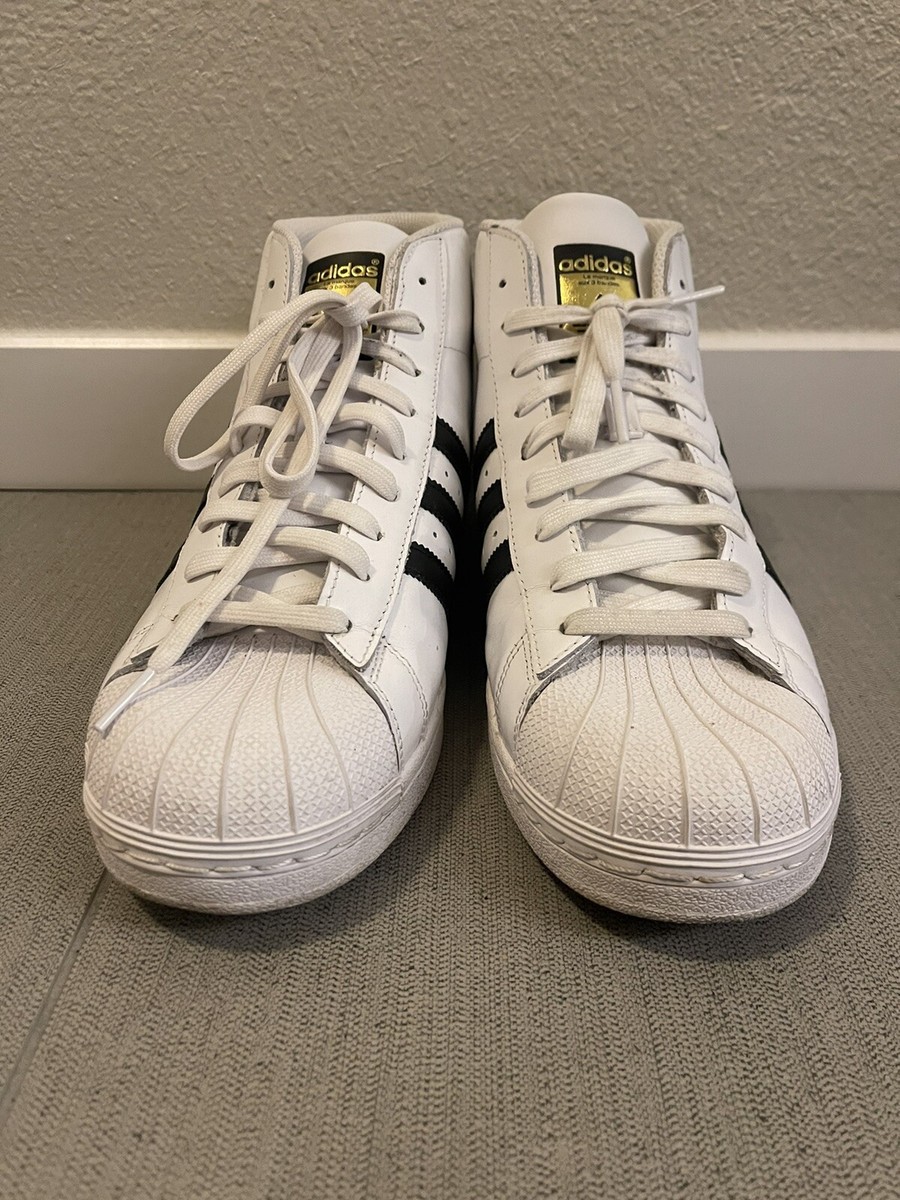 adidas Pro Model White Leather High Top with Blue Stripes and Gold Logo  Size 11