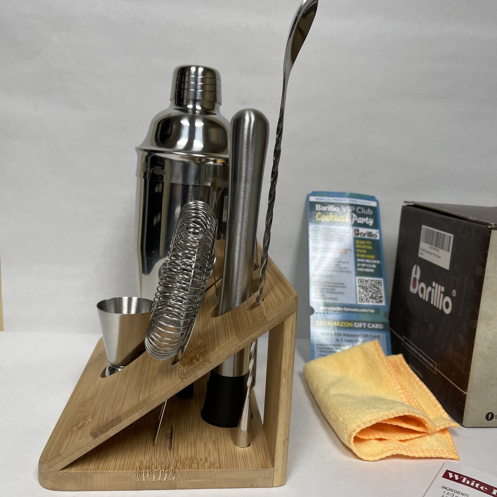 Barillio 10-Piece Mixology Bartender Kit w/ Bamboo Stand Silver Stainless Steel