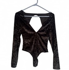 Victoria's Secret Black Crushed Velvet Deep V Neck Plunge Bodysuit Size XS/S