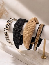 Lot Of 4 Headbands Womens Hair Accessories Neutral Tones Boho Woven Rhinestone
