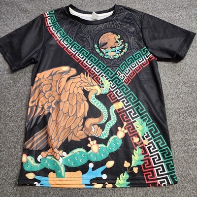 Mexican Eagle Snake Graphic T-Shirt Youth Size S Black Aztec Print Polyester Tee