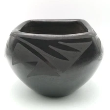 Santa Clara New Mexico Black on Black Square Round Pottery Pot