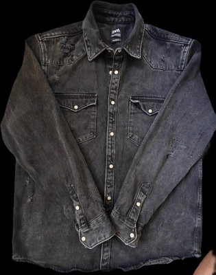 Zara Denim Trucker Jacket Men's XL Black Distressed Relax Fit Snap Button 