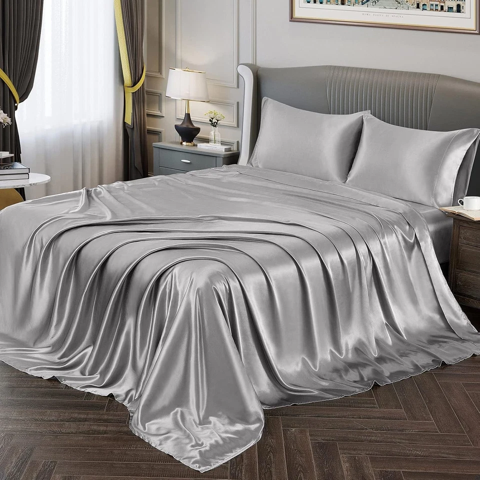 Silky Satin Sheets Full Size Bed Sheet Set Soft Satin Bed Sheets Silver Grey - Image 3 of 4