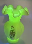 Fenton URANIUM Satin Custard Glass Ruffled MELON VASE HAND PAINTED ROSES