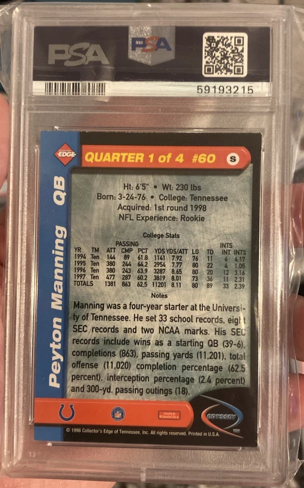 Collector's Edge Odyssey 1998 primer cuarto Peyton Manning radiocontrol #60 PSA Foto 2 de 2