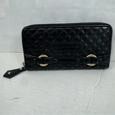 Juicy Couture Black Quilted Leather Wallet Wristlet Zip "Charge It" Y2K