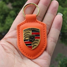 NEW GENUINE PORSCHE LEATHER CREST KEY RING FOB CHAIN ORANGE NO BOX