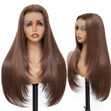 Chocolate Brown 13x4 Layered Hairstyle Synthetic Lace Front Wig Glueless Pre ...