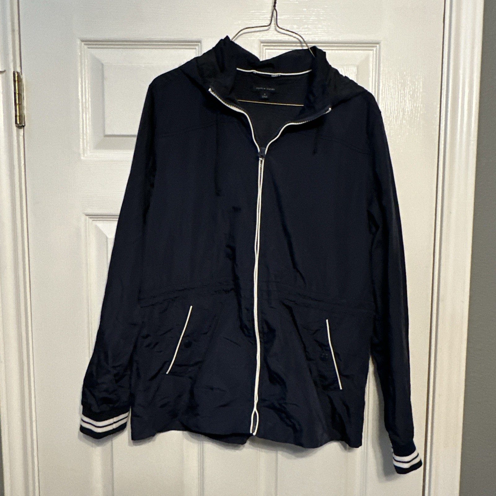 Tommy Hilfiger Men's Hooded Rain Windbreaker Jacket Blue Sz M