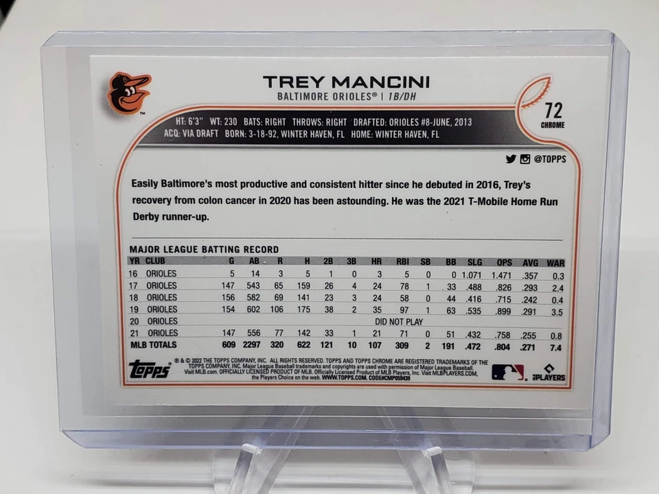 2022 Topps Chrome Sonic Lite Base Black & White RayWave #72 Trey Mancini - Image 2 of 2