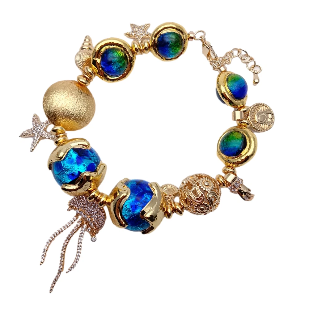 Blue Murano Glass Gold Plated Cz Pave Jelly Fish Charm Bracelet Women Jewelry