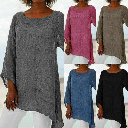 UK Womens Striped O Neck Baggy Ladies Cotton Linen Tunic Tops Plus Size | eBay