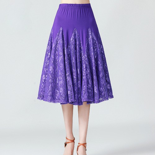 Women Practice Performance Midi Swing Skirt Floral Lace Ballroom Dance Skirt - Picture 4 of 12