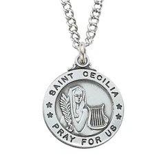 Saint Cecilia Medal Sterling Silver Pendant 20 Inch Necklace Christian Chain