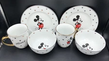 2 Disney Mickey Classic Gold 3 pc Place Settings 8" Salad Plate, Soup Bowl & Mug