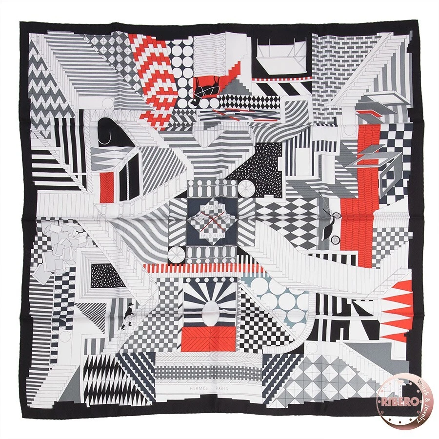 HERMES Scarf Carre90 Black White Silk 100 Promenade au Faubourg