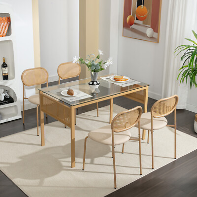 5PC/7PC Boho Dining Set Tempered Glass Table and Rattan