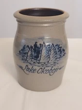 1992 ROWE Pottery Works LAKE OKOBOJI IA Iowa Souvenir Blue Gray Stoneware CROCK