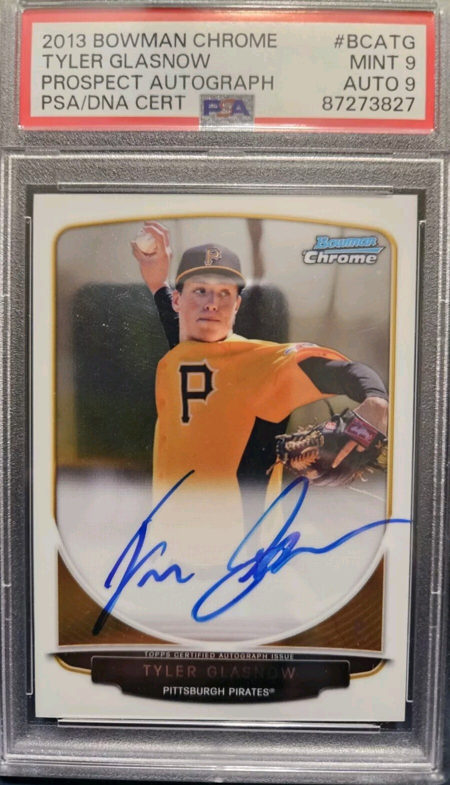 2013 Bowman Chrome TYLER GLASNOW 1st Prospect Auto #BCATG Dodgers PSA 9 Pirates