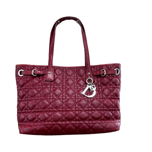 Christian Dior Cannage Panarea Tote Bag Red Coated Canvas Leather Vintage Authen