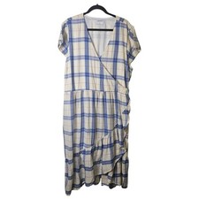 Old Navy XXL Plaid Midi Wrap Dress Red White Blue Ruffle Hem Short Sleeve