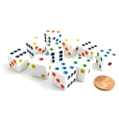 High-Quality 10 Count 16mm Dice Set in White with Engaging Multi-Colored Pips