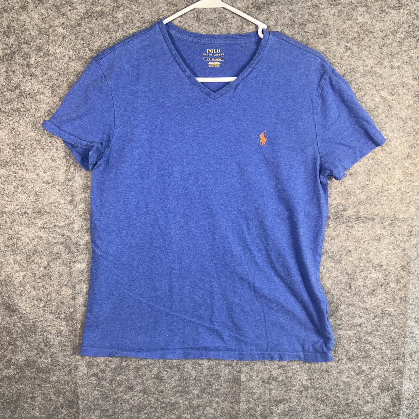 PONY Polo Ralph Lauren T shirt bianca scollo a V uomo piccola blu con frangia arancione