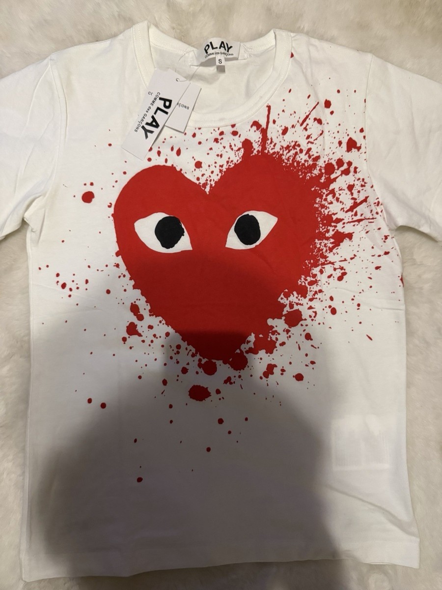 Comme Des Garcons Play Red Heart Splash White Cotton T-Shirt Size