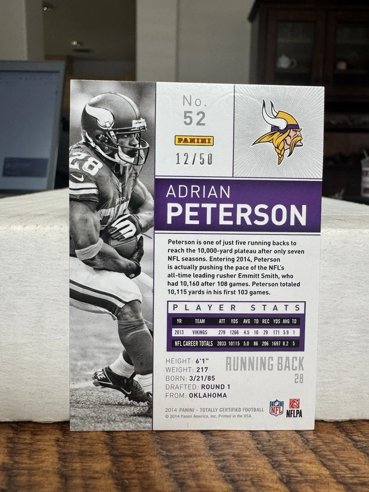 2014 Panini Totally Certified Mirror Platinum BLUE /50 ADRIAN PETERSON SP #52 $ - Image 2 of 2