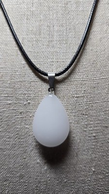 White Jade Palm Stone Teardrop 17-19'' Necklace black cording Lobster Claw TB75J