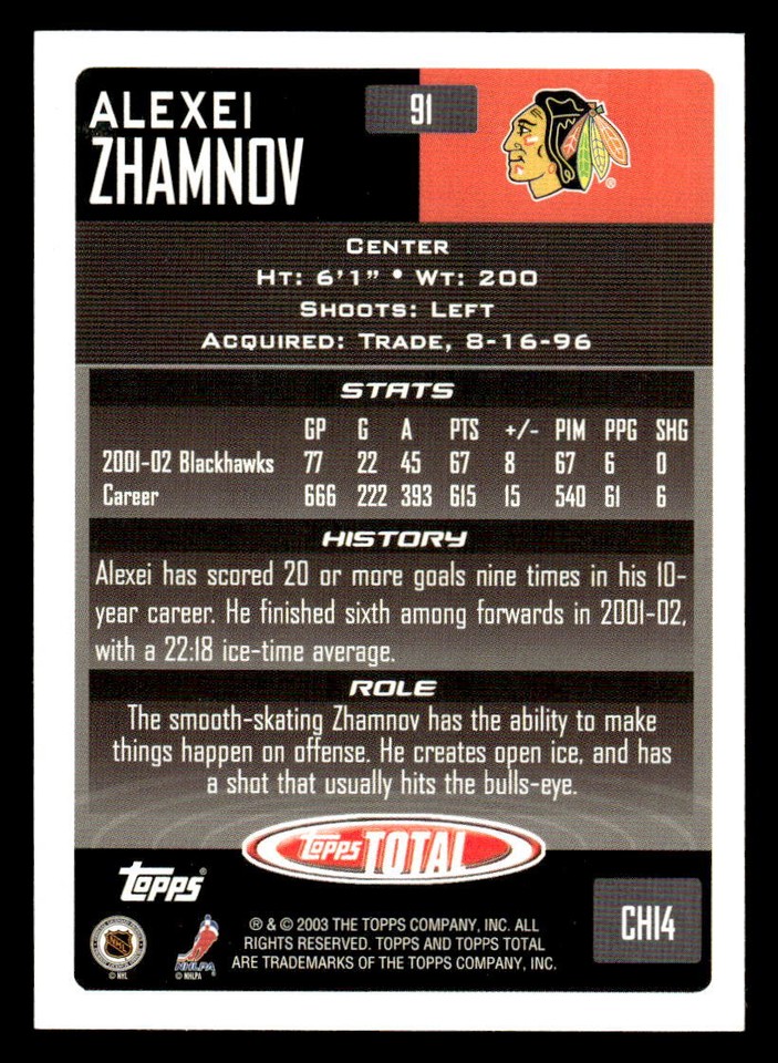 Alexei Zhamnov 2002-03 Be a Player First Edition #021 Blackhawks NHL Alexei Zhamnov 2002-03 Be a Player First Edition #021 Blackhawks NHL