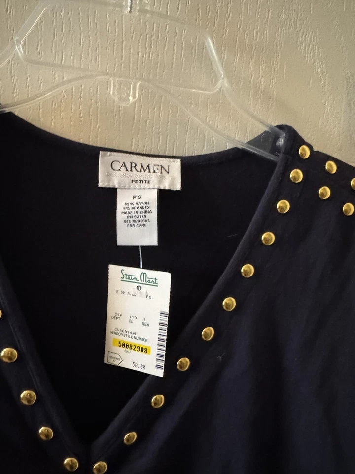 CARMEN MARC VALVO Navy Blue Studded Blouse Size Small/Petite MSRP $58 NWT GIFT - Image 3 of 4