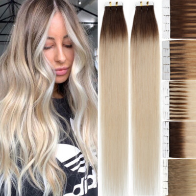 Invisible Tape In Hair Extensions 100% Real Human Hair Skin Weft Full Head 20pcs