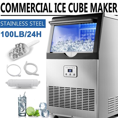 Commercial Ice Maker 100lb Stainless Steel Bar Restaurant Built-in Cube Machine