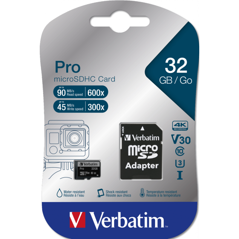 Micro Sdhc Pro U3 32GB Verbatim 47041 V30 Classe 10 UHS Speed Class 3 (U3) con a