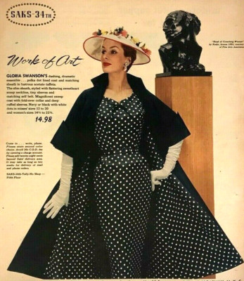 Große Gloria Swanson Print Reklame schöne Saks 34th Broadway New York 1956