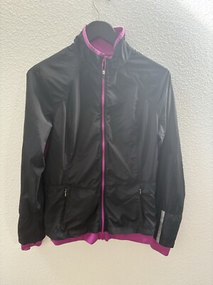 Lucy Women Black/Pink Full-Zip Sport Jacket Sz M Zip Pocket Nylon Athleisure