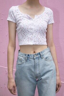 Brandy Melville Crop Cotton White Pink Floral Button Up Zelly Top Nwt Sz Xs S Ebay