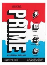 Prime Sugar Free Energy Drink Ice Pop 12 fl oz 4 Pack Cans 200mg Caffeine Exp 11
