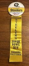 Vintage Pittsburgh Steelers Super Bowl XIV Stadium Pinback Ribbon Chuck Noll