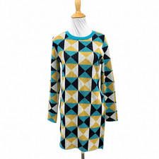 Cider Dress Womens M Medium Geometric Side Slit Long Sleeve Ribbed Knit Trim