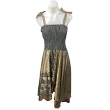 Belma Gold Gray Metallic Sleeveless Smocked Cami Camisole Midi A-Line Dress OS
