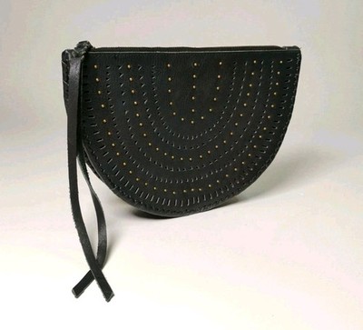 Cleobella Studded Black Leather Half Moon Clutch with Tasseled Zipper READ