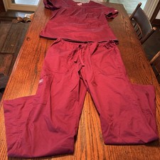CHEROKEE WORKWEAR Core Stretch Burgundy Top / Bottoms Scrub Set Size Medium