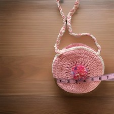 Cute Hand Crochet Round Crossbody Bag, Peach w/ Ivory Trim, Pom Pom Accent, NEW